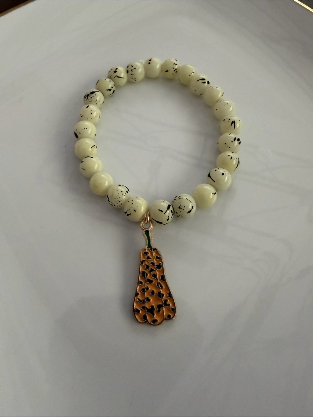 Spotted Pumpkin Charm Handmade Cream Beaded Bracelet